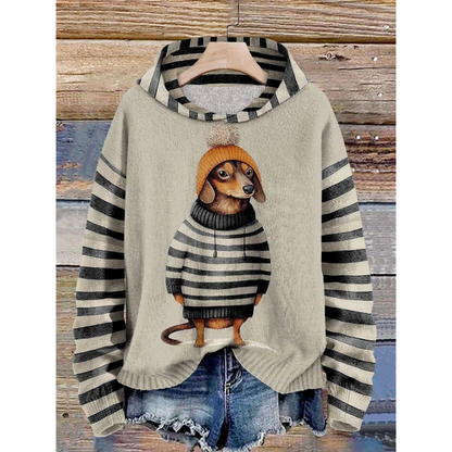 Hoodie Women – Relaxed Fit – Fleece Feel – Dog Print – Striped Sleeves