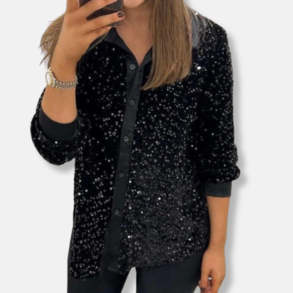 Women's Shirt – Sequins – Relaxed Fit – Classic Collar – Party Outfit