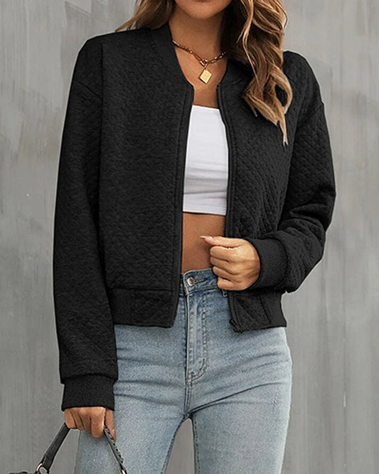 Women's Bomber Jacket – Quilted Texture – Short Fit – Zipper Closure – Ribbed Edges