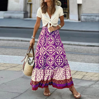 Maxi Skirt Women – A-Line Fit – Geometric Pattern – Layered Hem – Natural Fiber