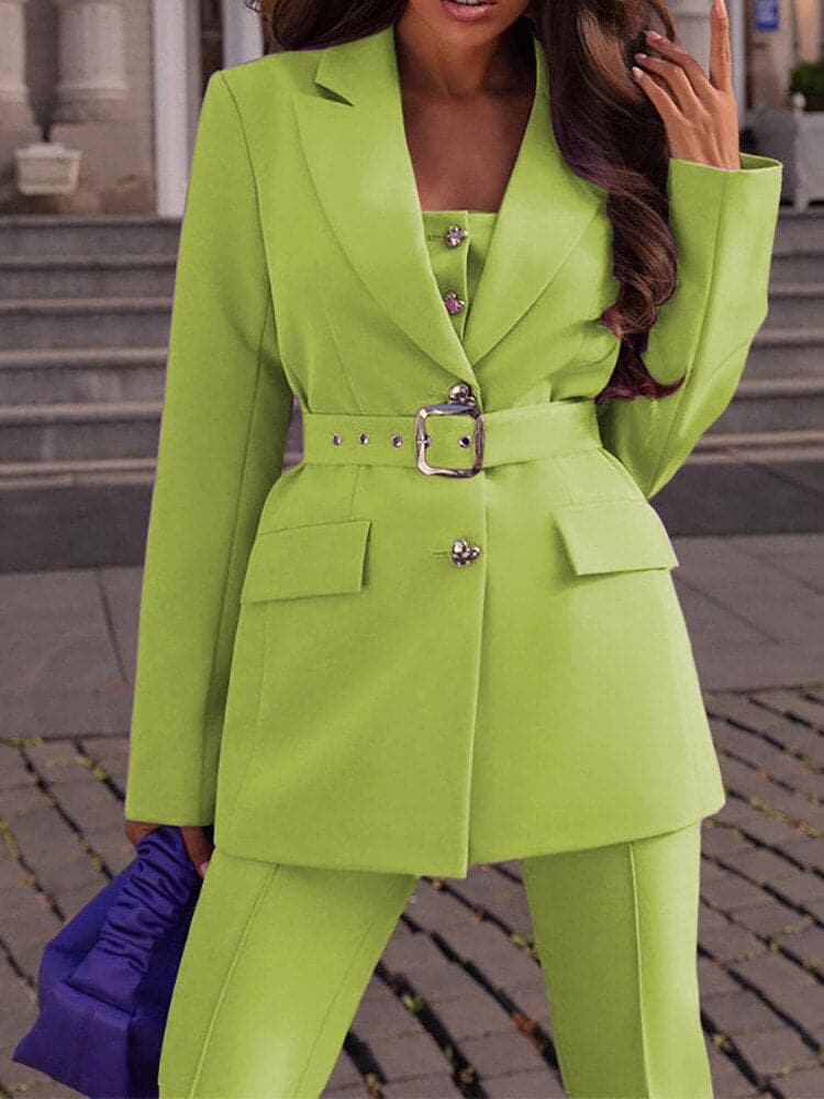 Women's Suit – Tailored Blazer with Belt – Slim Fit Pants – Elegant Formal Look