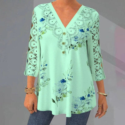 Damebluse - Blomsterprint - Blonder V-hals - 3/4 Ermer - Løs Passform - Knappedetaljer