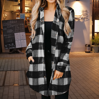 Dame Skjortejakke - Rutete Flanell - Oversized Passform - Lange Ermer - Knappelukking