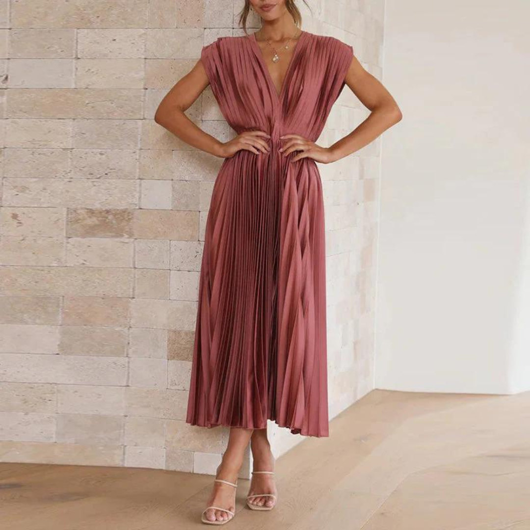 Dress for Women – Midi Length – A-line Fit – V-neck – Elegant Pleated Design
