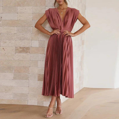 Dress for Women – Midi Length – A-line Fit – V-neck – Elegant Pleated Design