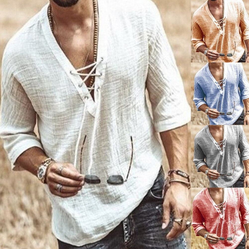 Men's Shirt - Light and Breathable - V-neck with Lacing - Comfortable Loose Fit