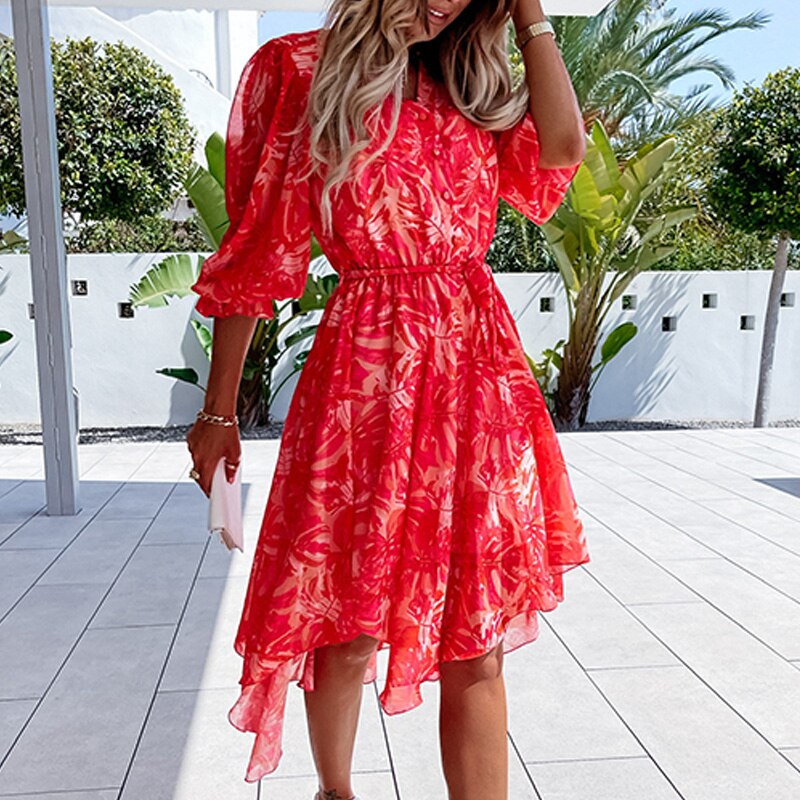 Women's Midi Dress – A-line Fit – V-neck – Short Sleeves – Floral Pattern