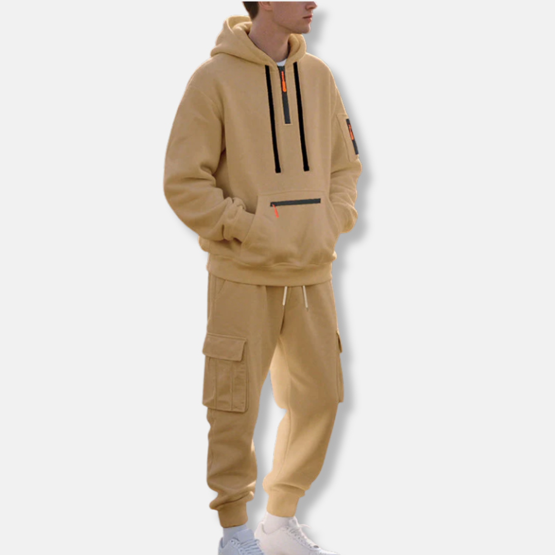 Men's Tracksuit – Relaxed Fit – Half-Zip Hoodie – Cotton Blend Cargo Pants