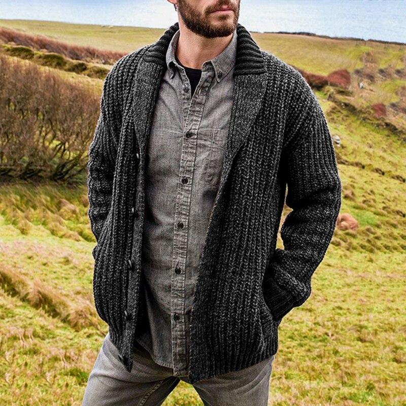 Herre Cardigan - Tykk Strikk - Åpen Front - Ribbestrikket med Sjal Krage - Komfortabel Passform