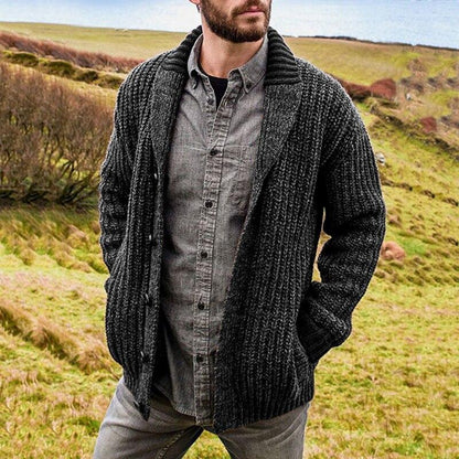 Herre Cardigan - Tykk Strikk - Åpen Front - Ribbestrikket med Sjal Krage - Komfortabel Passform