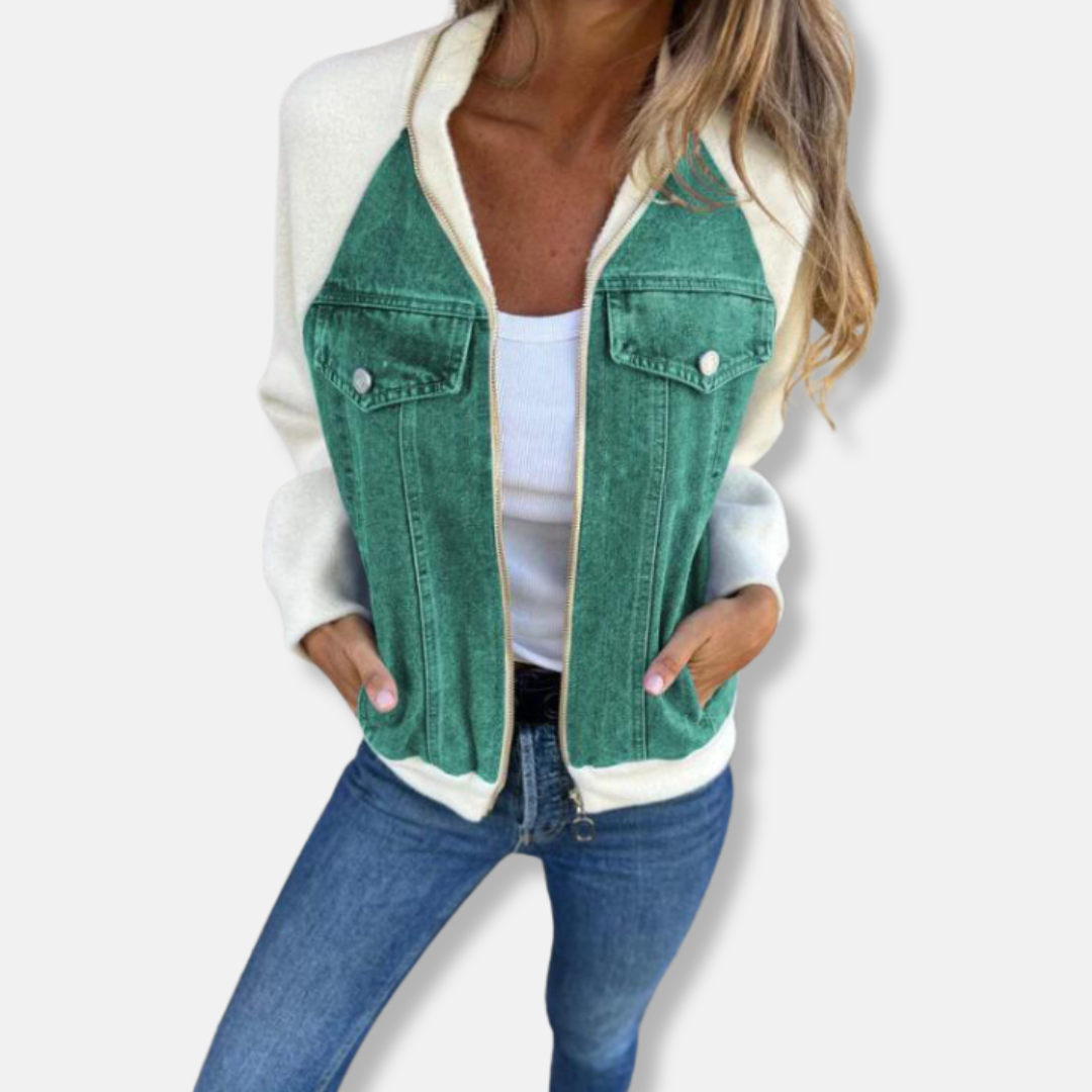 Women's Bomber Jacket – Wool Blend – Denim Details – Zipper – Regular Fit