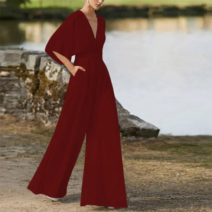 Women's Jumpsuit – Relaxed Fit – Deep V-neck – Wide Legs – Breathable Blend
