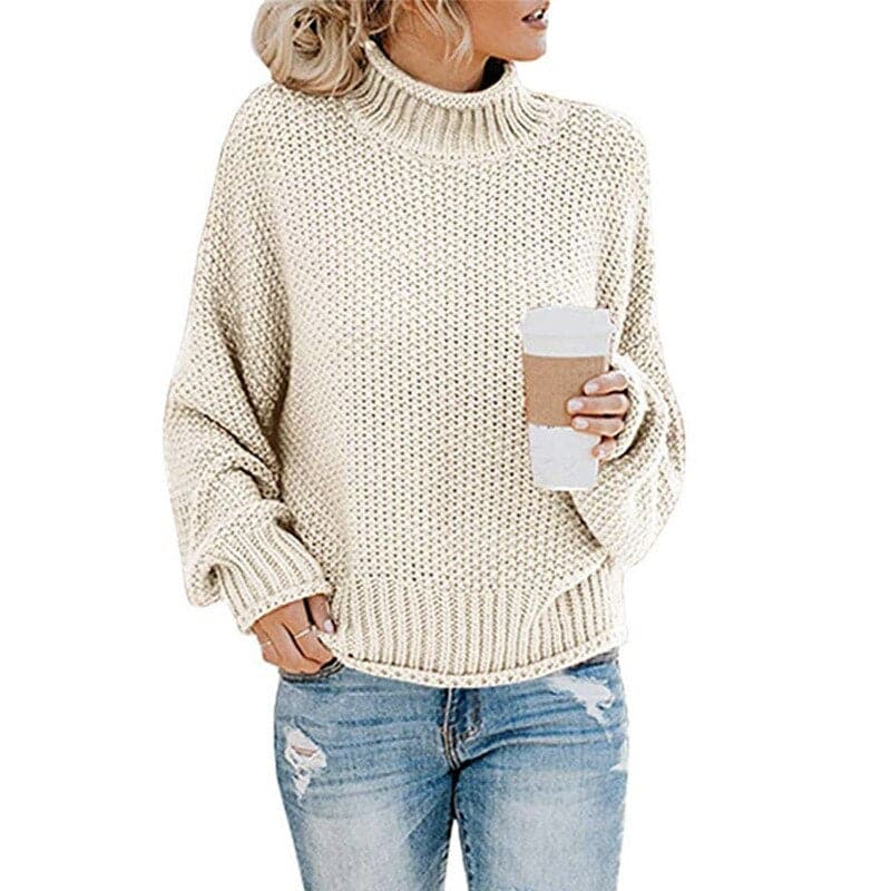 Dame Strikkegenser - Høy Høyhalset - Chunky Strikk - Oversized Passform - Lange Ermer