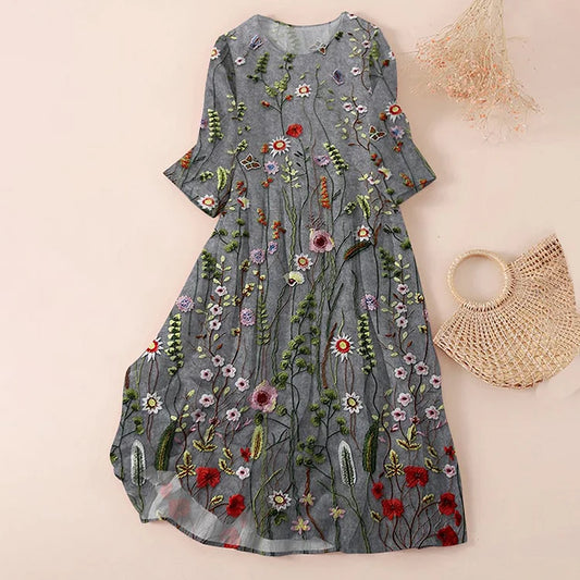 Dress for Women – Relaxed Fit – Embroidered A-line – Knee-length – Breathable Material