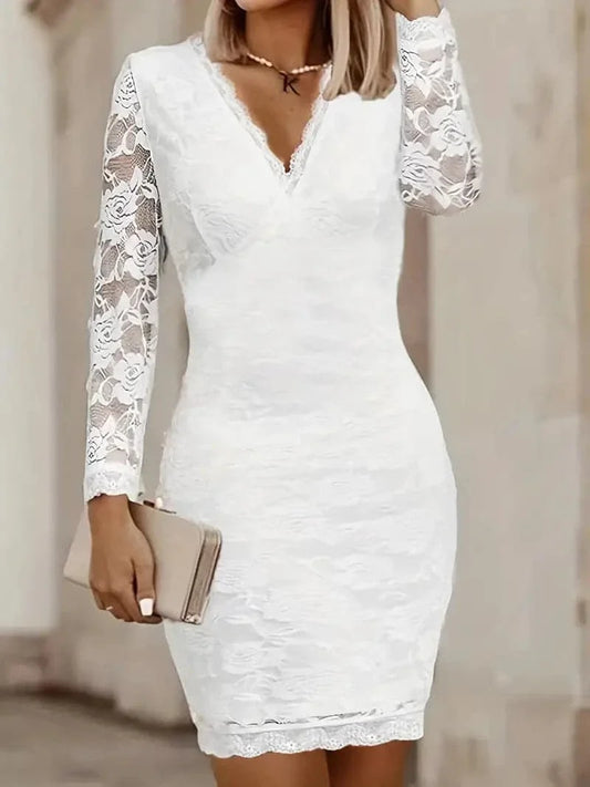 Dress for Women – Slim Fit – Elegant Lace – Long Sleeves – V-Neck