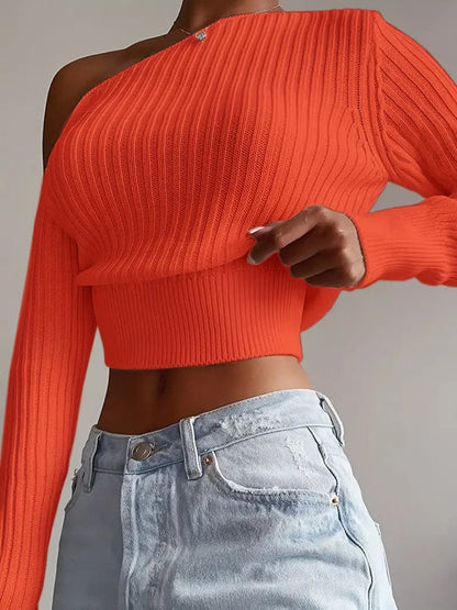 Dame Genser – Asymmetrisk One-Shoulder – Ribbestrikket Tettsittende Kort Modell