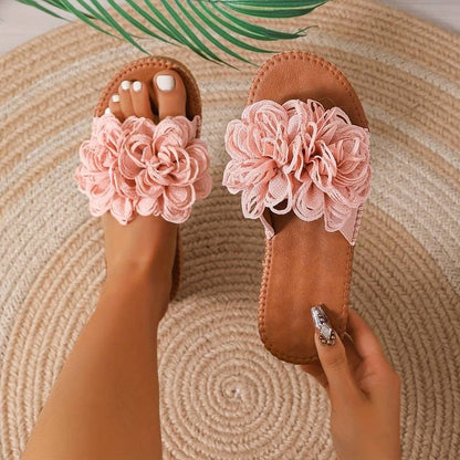 Women's Sandals - Comfortable Flat Sole - Floral Decoration - Casual and Stylish Design