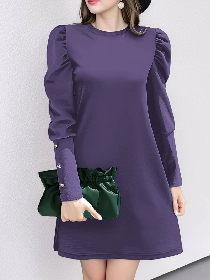 Dress for Women – Elegant A-Line – Puff Sleeves – Knee-Length – Button Details