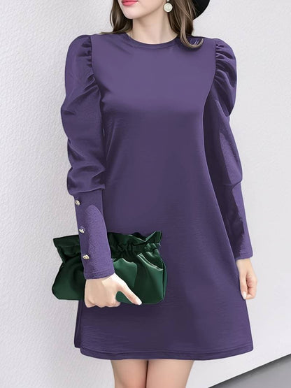 Dress for Women – Elegant A-Line – Puff Sleeves – Knee-Length – Button Details