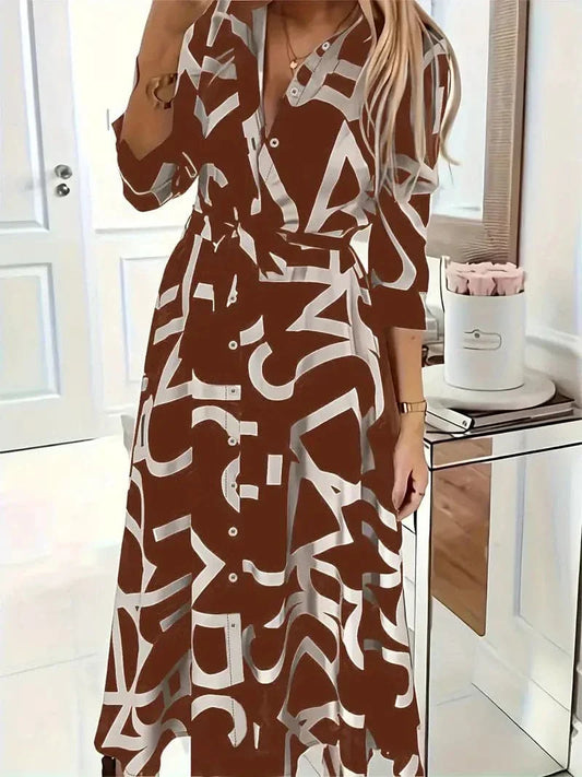 Women's Shirt Dress – Graphic Pattern – Midi Length – Adjustable Fit – 3/4 Sleeves