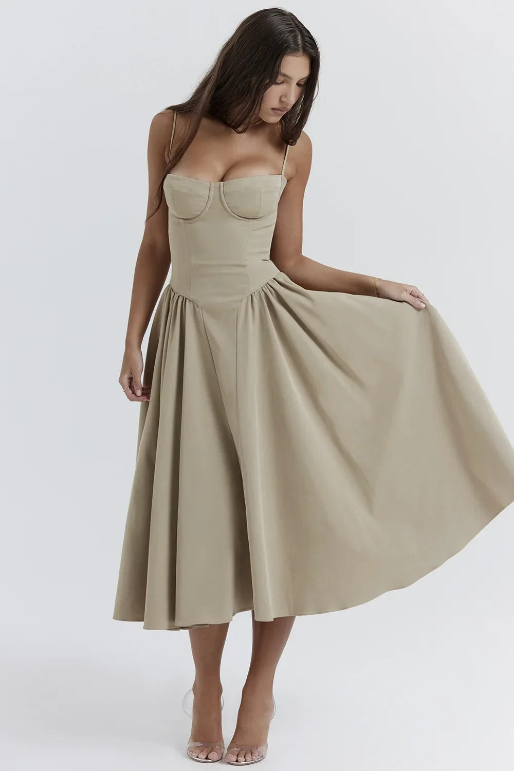 Women's Midi Dress – A-line Fit – Corset Bodice – Spaghetti Straps – Light Cotton