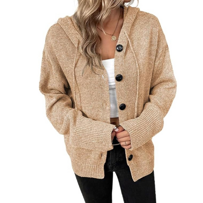 Women's Cardigan – Soft Knit – Oversized Fit – Button Closure – Hood – Ribbed Edges