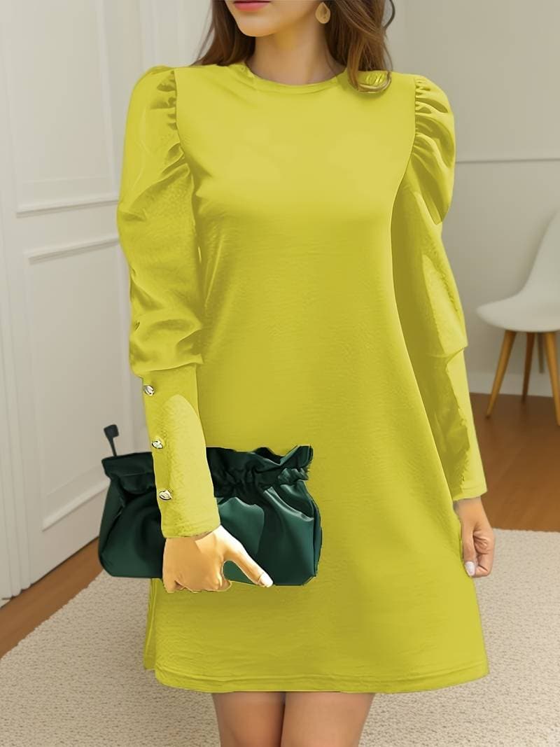 Dress for Women – Elegant A-Line – Puff Sleeves – Knee-Length – Button Details