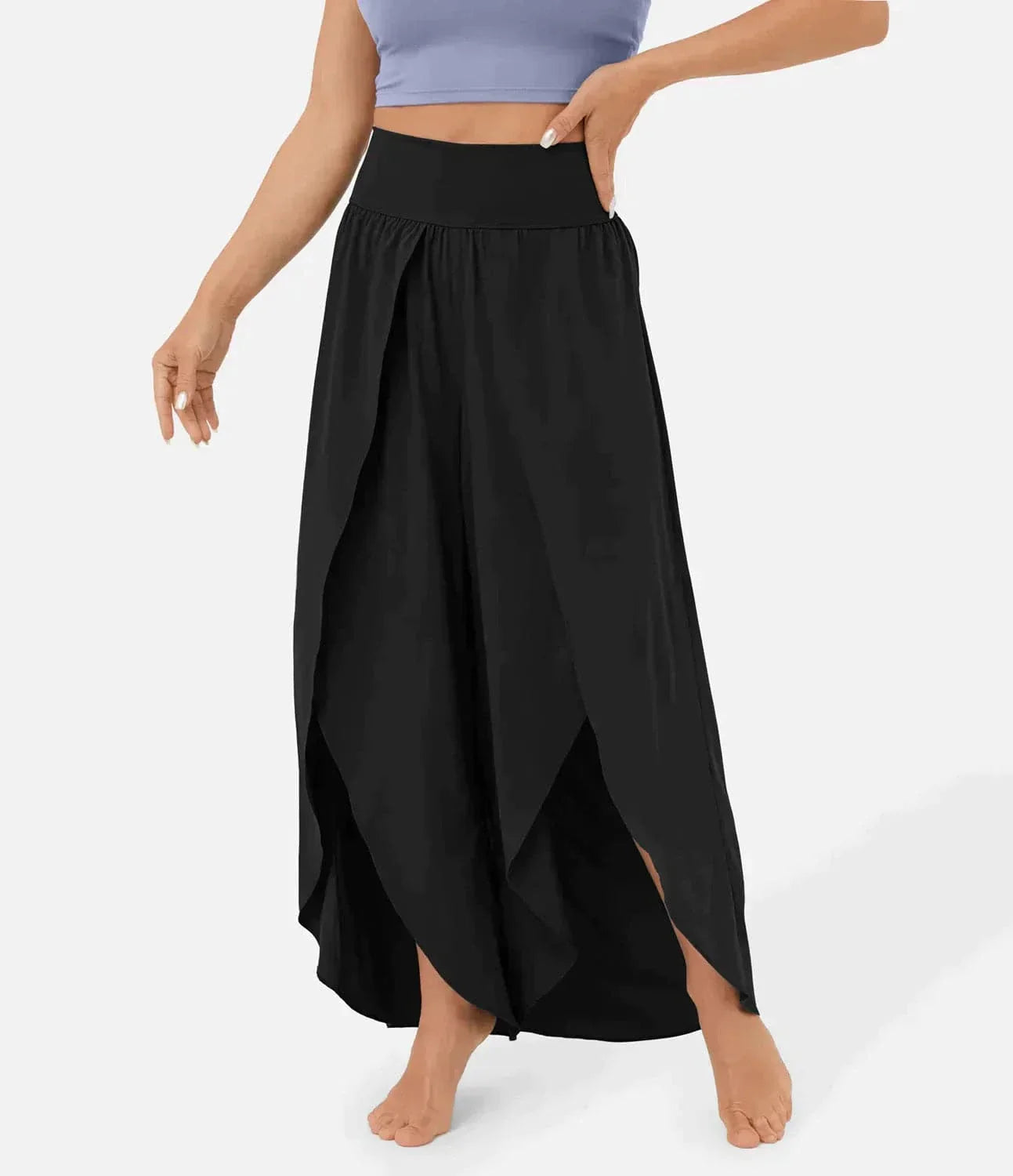 Women's Wide Pants – Flowy Fit – High Slits – Elastic Waist – Light and Comfortable
