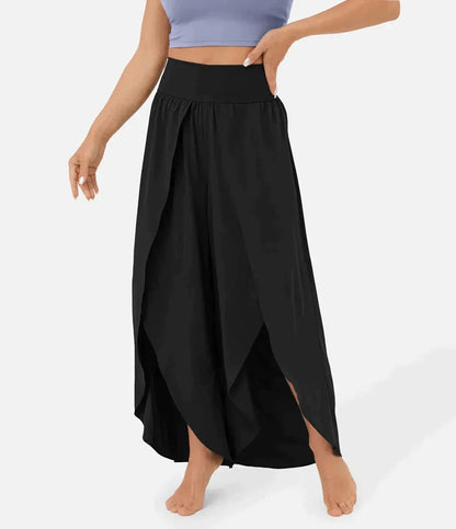 Women's Wide Pants – Flowy Fit – High Slits – Elastic Waist – Light and Comfortable