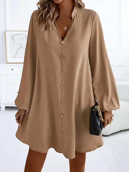 Dame Skjortekjole – Knelang – V-hals – Lange Ermer – Elegant og Casual
