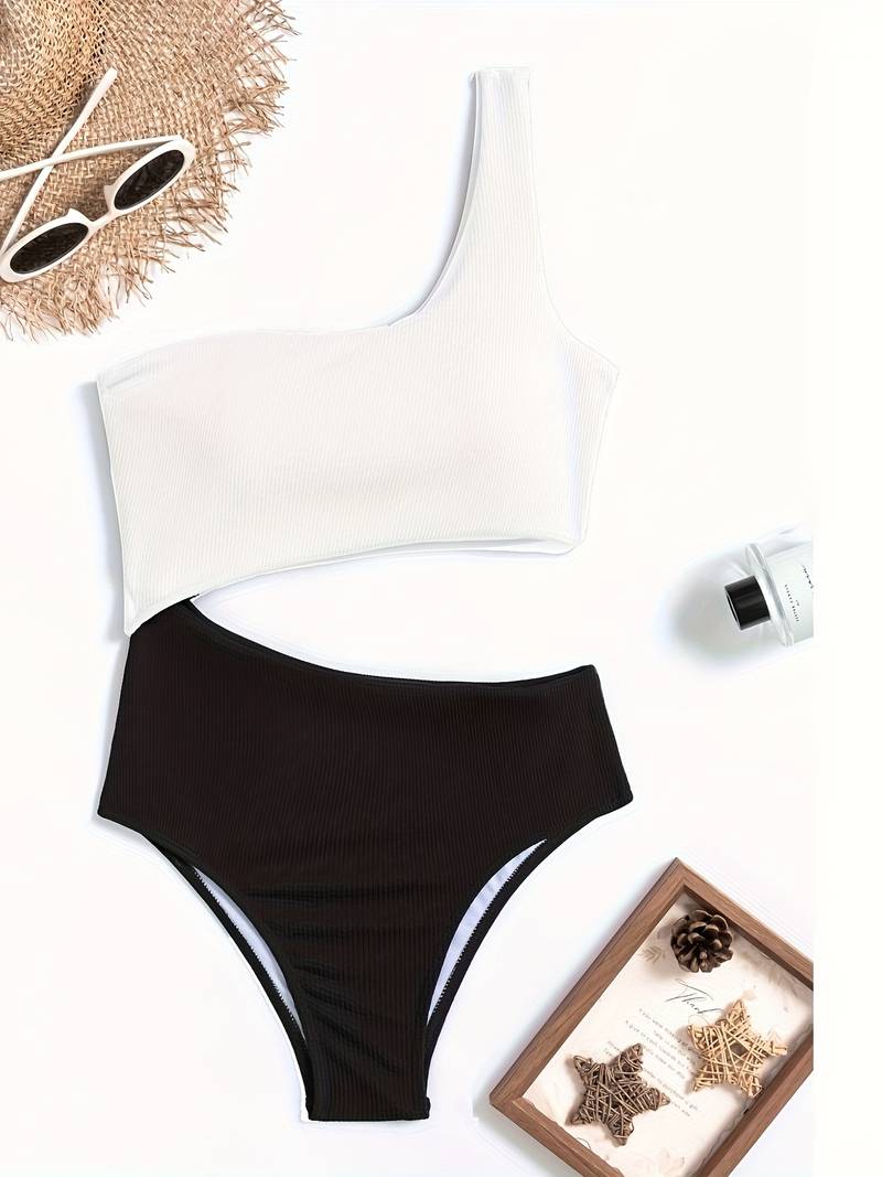 Swimsuit Women – Slim Fit – Asymmetric Shoulder – Ribbed Structure – High Cut