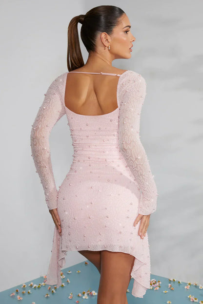 Dress woman – Tight fit – Transparent fabric with pearls – Ruched body – Long sleeves