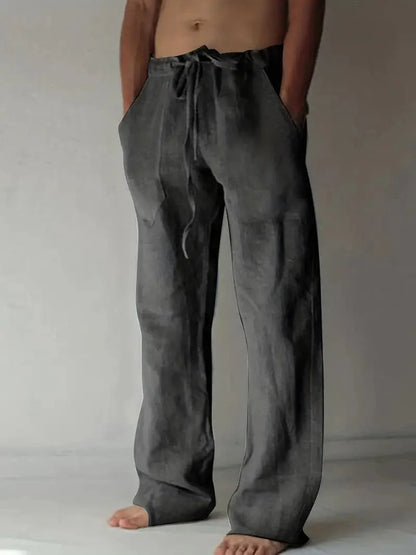 Men's Loose-Fit Pants - Cotton/Linen - Elastic Waist with Drawstring - Casual Comfort