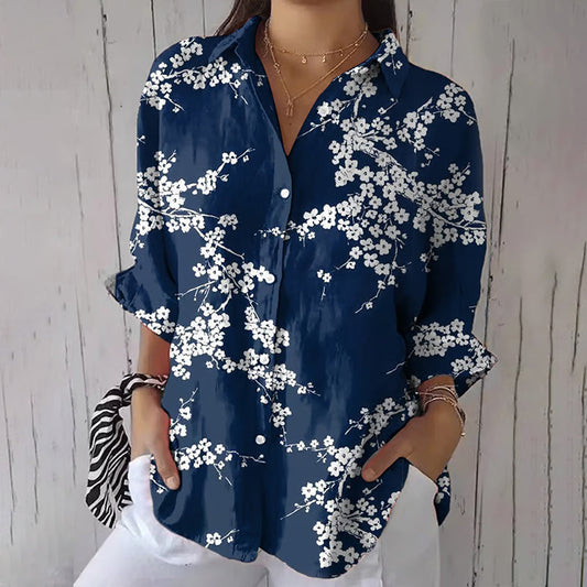 Women's Shirt – Relaxed Fit – Long Sleeve – Floral Print – Natural Fiber