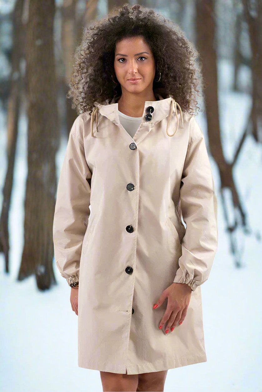 Women's Raincoat - Knee-Length - Adjustable Hood - Button Closure - Comfortable Fit