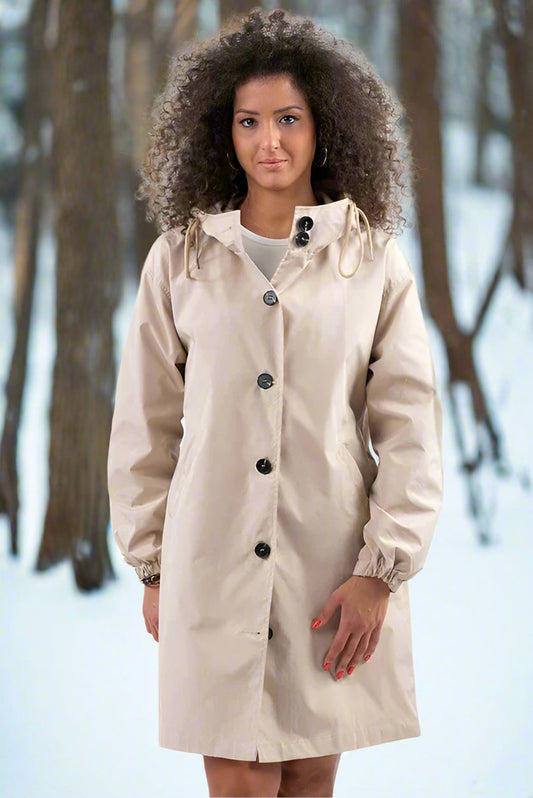 Women's Raincoat - Knee-Length - Adjustable Hood - Button Closure - Comfortable Fit