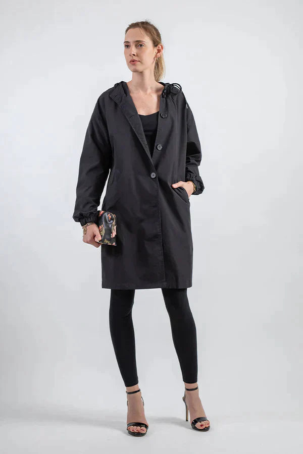 Women's Raincoat – Relaxed Fit – Hood – Button Closure – Water-Repellent – Hip Length