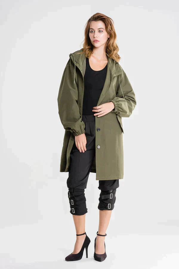Women's Raincoat – Relaxed Fit – Hood – Button Closure – Water-Repellent – Hip Length