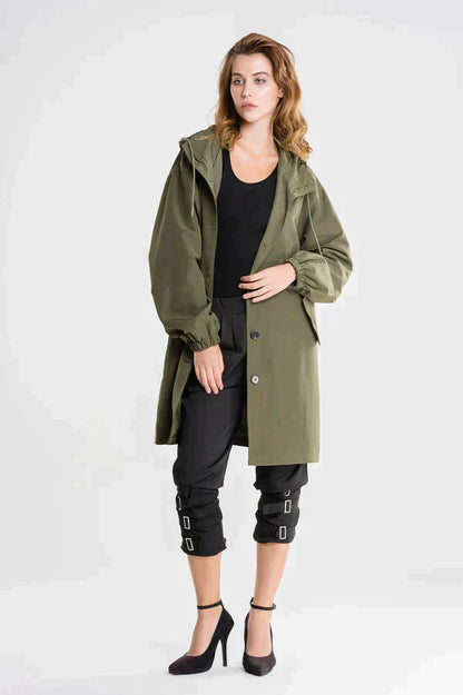 Women's Raincoat – Relaxed Fit – Hood – Button Closure – Water-Repellent – Hip Length