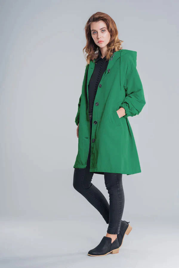 Women's Raincoat – Relaxed Fit – Hood – Button Closure – Water-Repellent – Hip Length