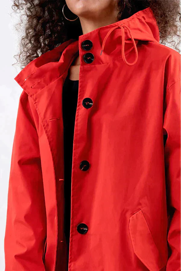 Women's Raincoat – Relaxed Fit – Hood – Button Closure – Water-Repellent – Hip Length