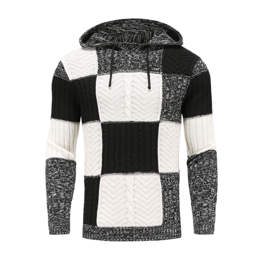 Men's Sweater with Hood – Knitted Design – Patchwork Pattern – Comfortable Fit