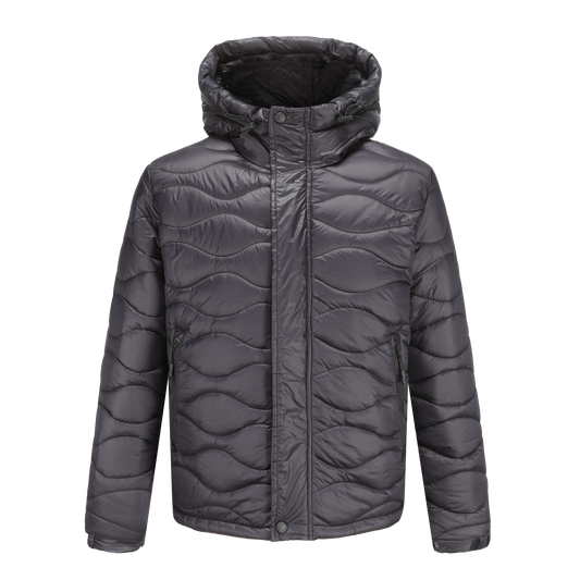 Men's Puffer Jacket - Padded and Windproof - Drawstring Hood - Zipper and Button Closure