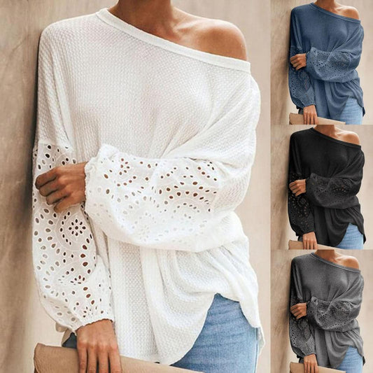 Dame Strikkegenser - Off-Shoulder - Løs Passform - Lange Ermer med Blonder Utskjæringer