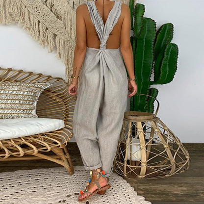 Women's Jumpsuit – Airy Cotton – Loose Fit – Ankle Length with Open Back