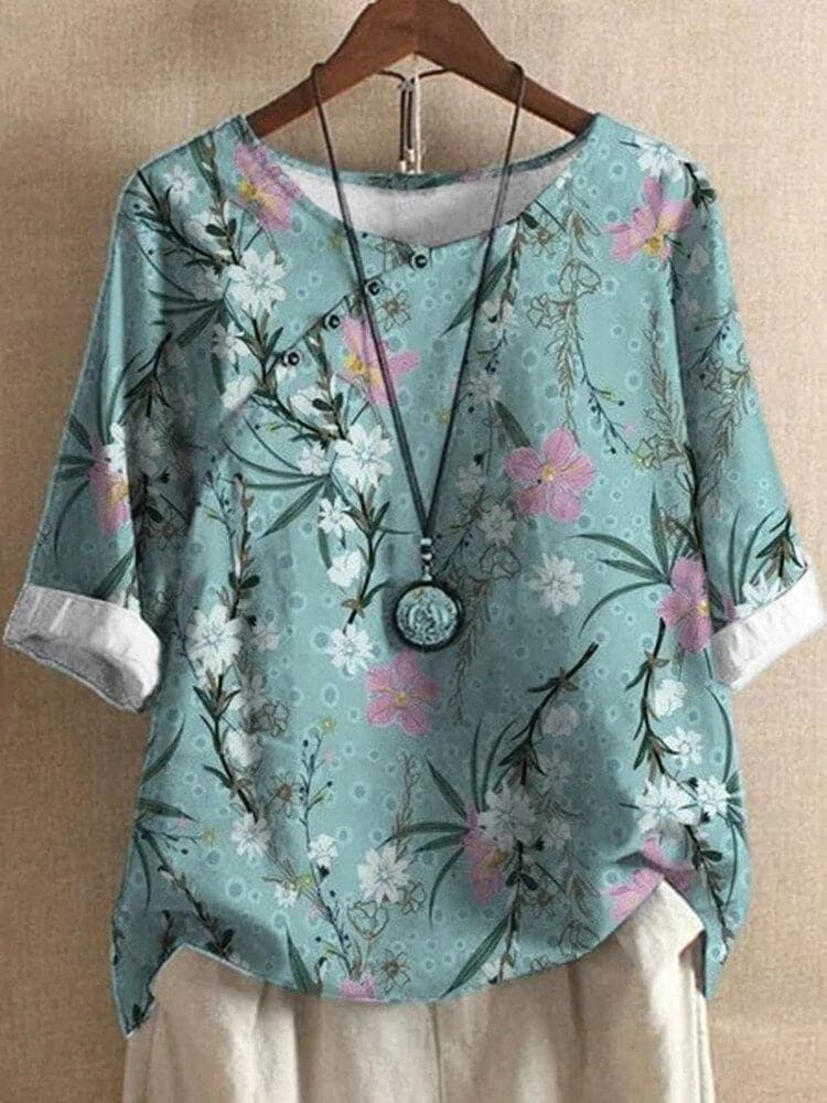 Damebluse – Blomstermønstret – Rund Hals – Halvlange Ermer – Løs Passform – Dekorative Knapper