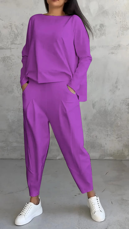 Women's Two-Piece Set – Relaxed Fit – Long-Sleeved Top and Harem Pants – Breathable Fabric