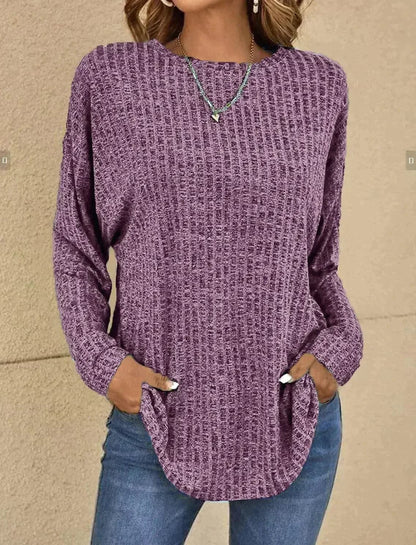 Women's Sweater - Knitted Texture - Long Sleeved - Relaxed Fit - Round Neck