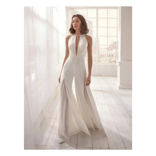 Women's jumpsuit – halterneck – deep neckline – wide legs – elegant tailoring