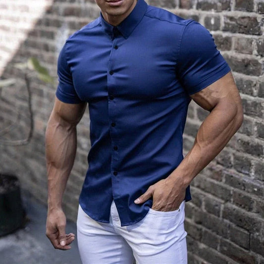 Men's Shirt with Short Sleeves – Slim Fit – Stretch Fabric – Button Closure – Everyday Use